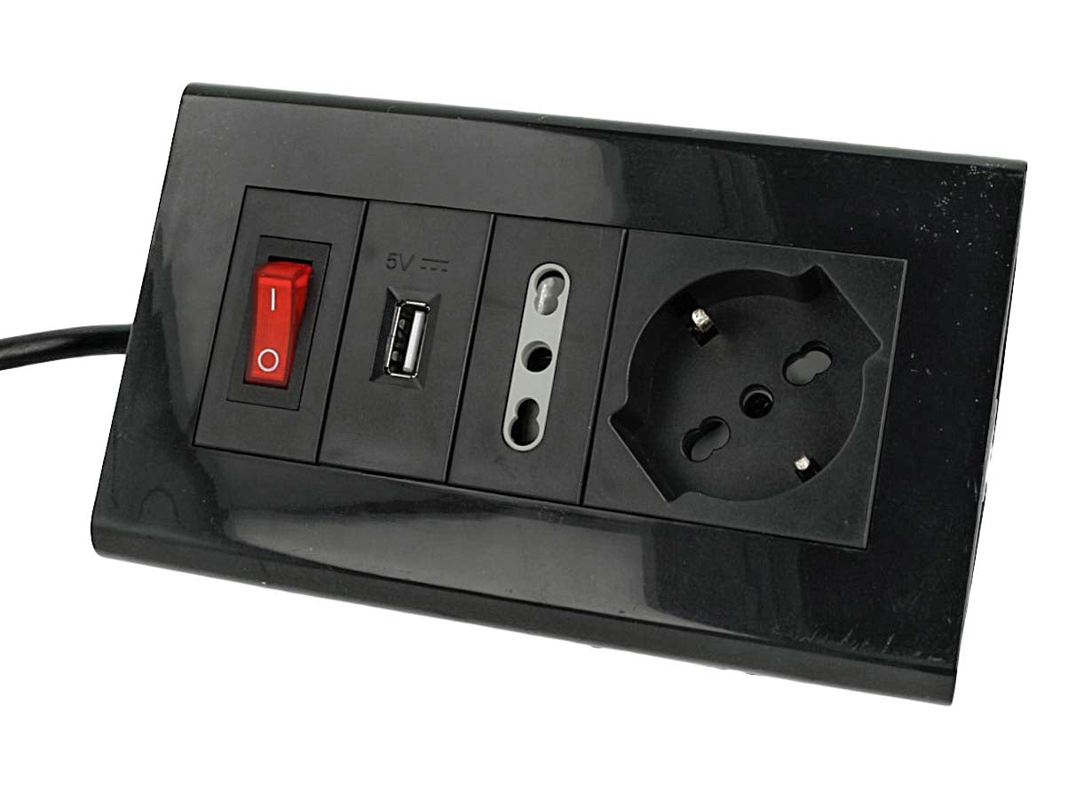 Multipresa Da Tavolo Con USB Nero 1 Presa Schuko 1 Presa Bipasso 10/16A Interruttore Spina 16A Cavo 2 Metri