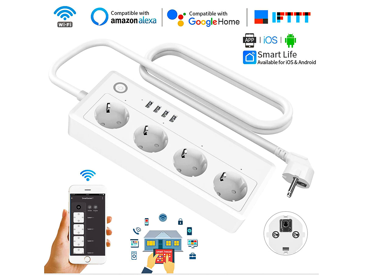 Multipresa Smart WiFi Con 4 Presa Schuko 16A 220V + 4 Presa USB 3,1A 5V Compatibile Con Alexa Google Home