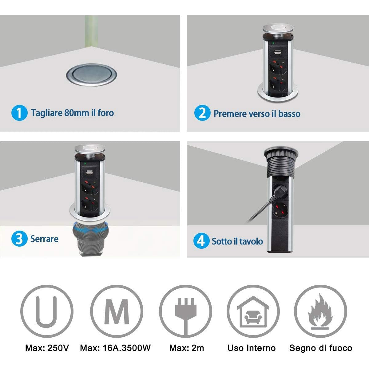 Multipresa da Scrivania a Scomparsa con 2 USB 2,1A 3 Prese Universale 10/16A Torretta da Tavolo Colonnina con Protezione Spina 16A