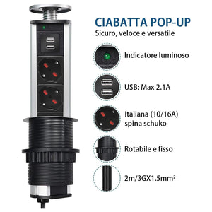 Multipresa da Scrivania a Scomparsa con 2 USB 2,1A 3 Prese Universale 10/16A Torretta da Tavolo Colonnina con Protezione Spina 16A