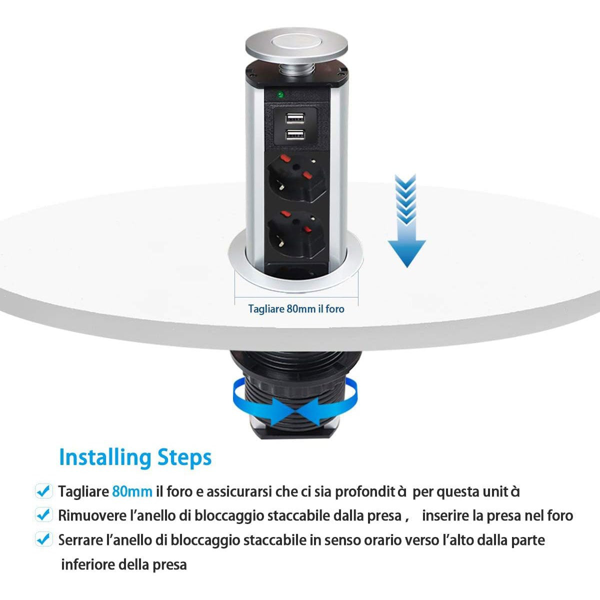 Multipresa da Scrivania a Scomparsa con 2 USB 2,1A 3 Prese Universale 10/16A Torretta da Tavolo Colonnina con Protezione Spina 16A