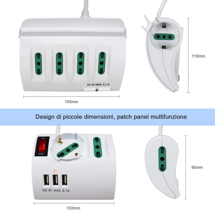 Multipresa da Scrivania con 3 Prese USB Max 3,1A Spina 10A 3 Prese Bipasso Con Interruttore XSL2602A