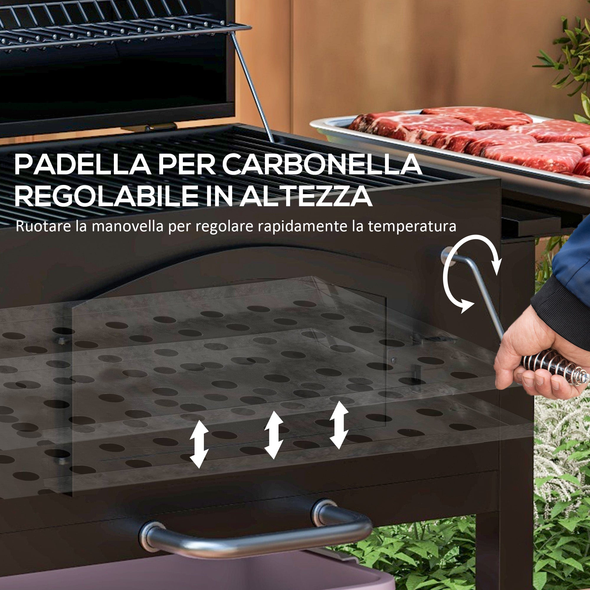 Barbecue da Giardino a 2 Ruote con Griglia Affumicatore e Fornello 124x66x112 cm in Metallo e Ghisa Nero