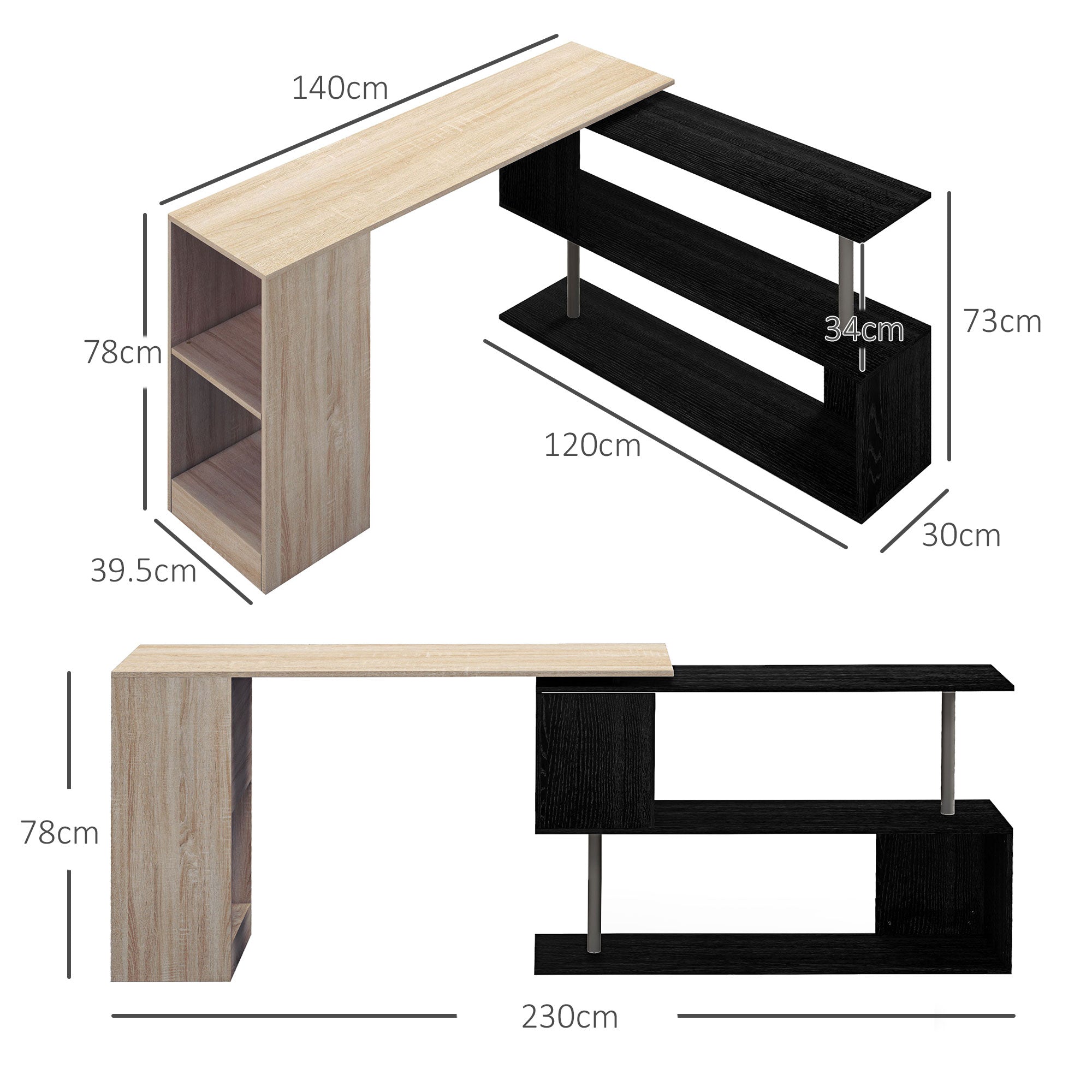 Scrivania Angolare da Ufficio 140x120x78 cm con Cassetti e Scaffale Girevole color Legno