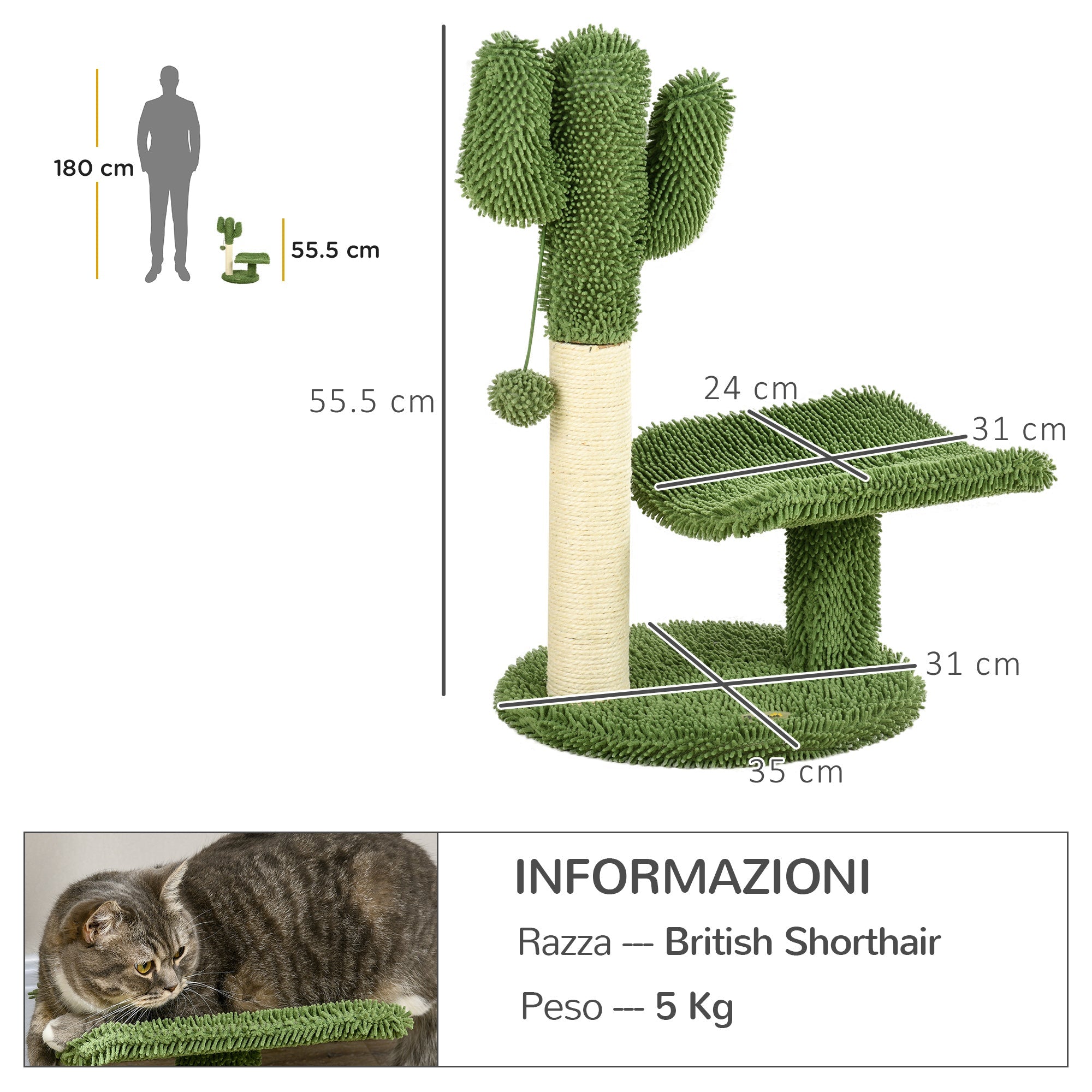 Albero Tiragraffi a Forma di Cactus 35x31x55,5 cm con Pallina Gioco Verde e Bianco