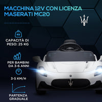 Macchina Elettrica per Bambini Licenza Maserati MC20 Velocità 3-5km/h Bianco