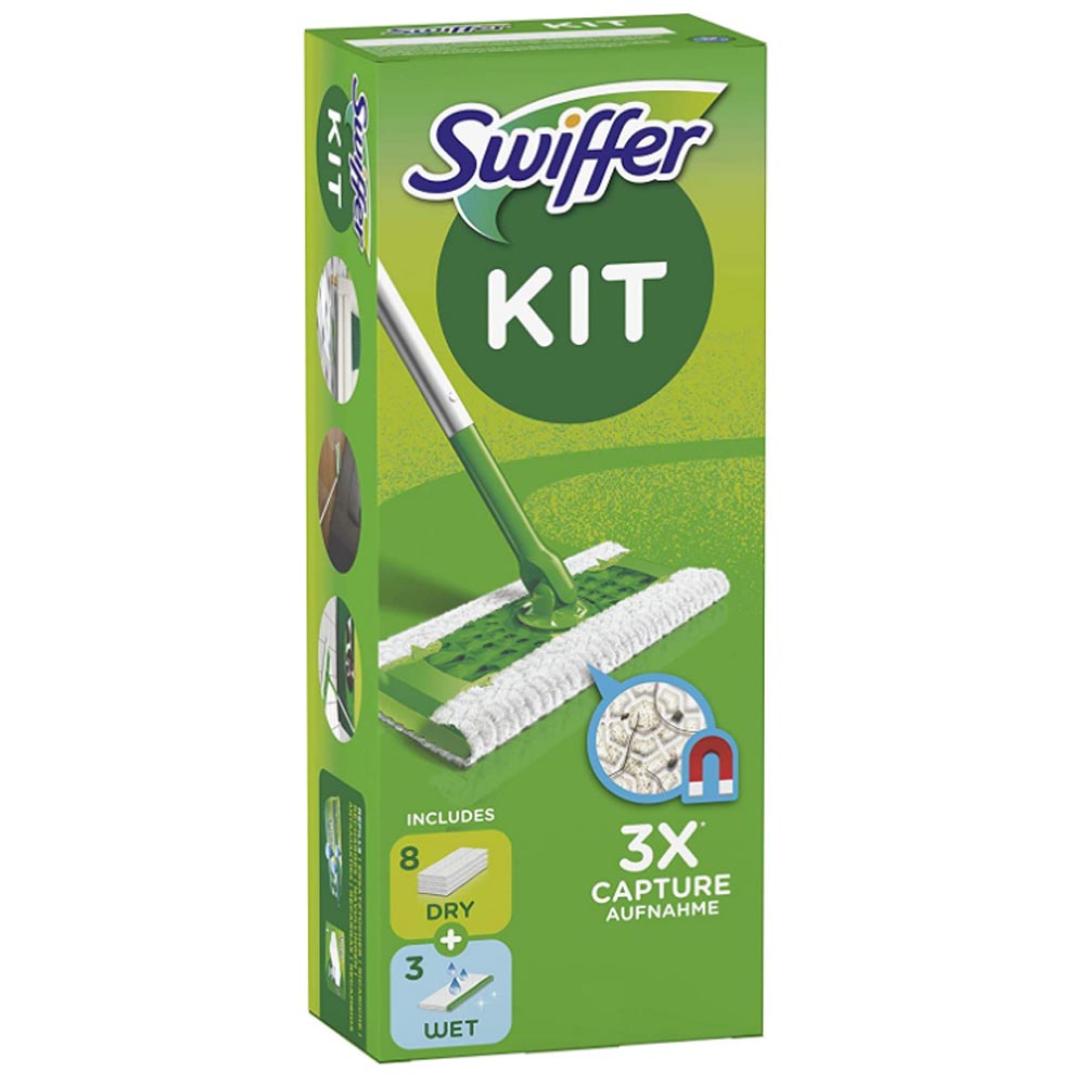 Swiffer scopa cattura polvere confezione da 1 manico & 8 panni asciutti & 3 panni umidi