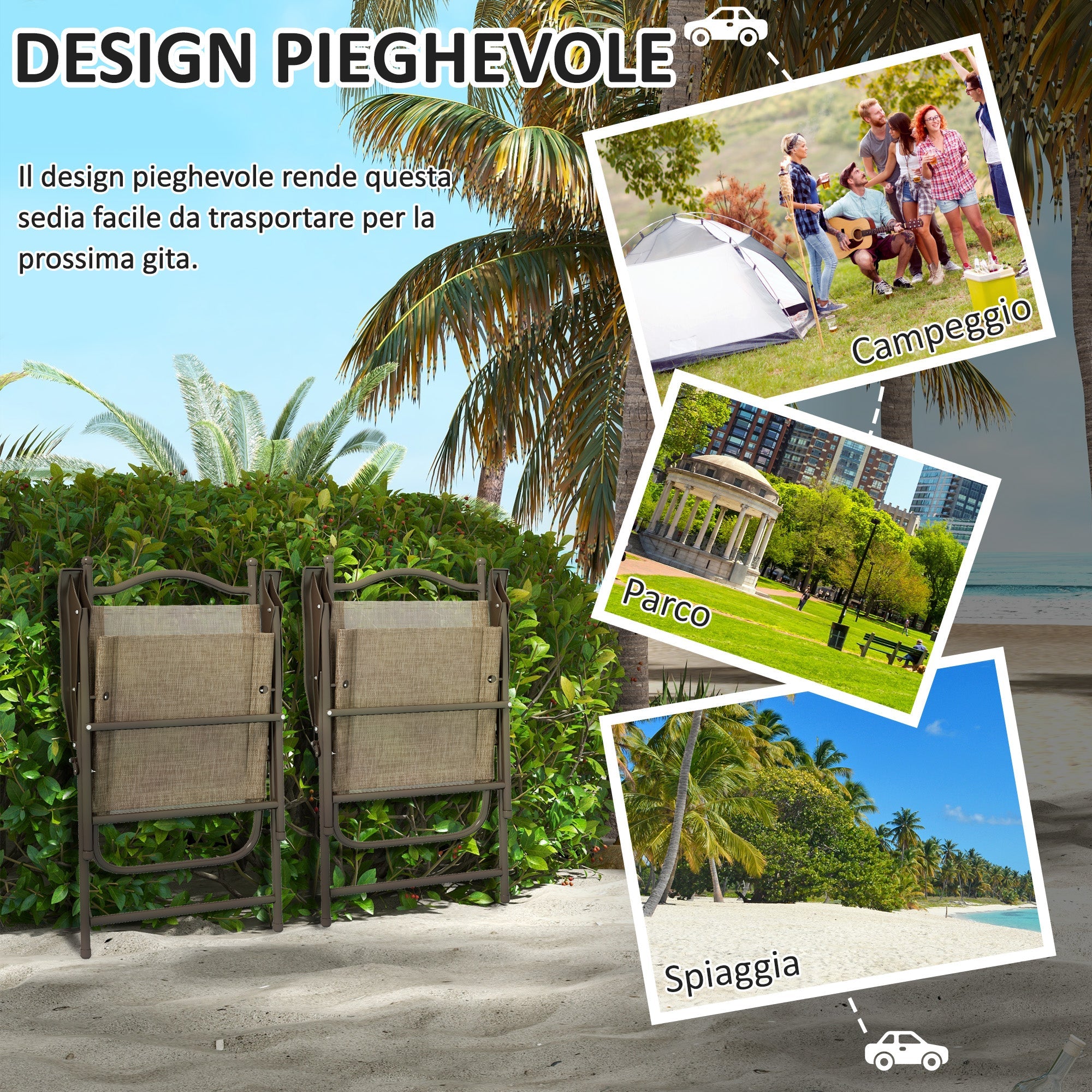 Set 2 Sedie Pieghevoli da Giardino con Braccioli 56x62x97 cm Seduta in Tessuto Marrone