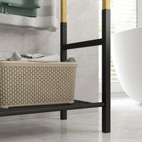 Piantana Portasciugamani da Bagno da Terra 3 Barre e Ripiano Inferiore 51x31x85,5 cm in Bambù e Acciaio Nero