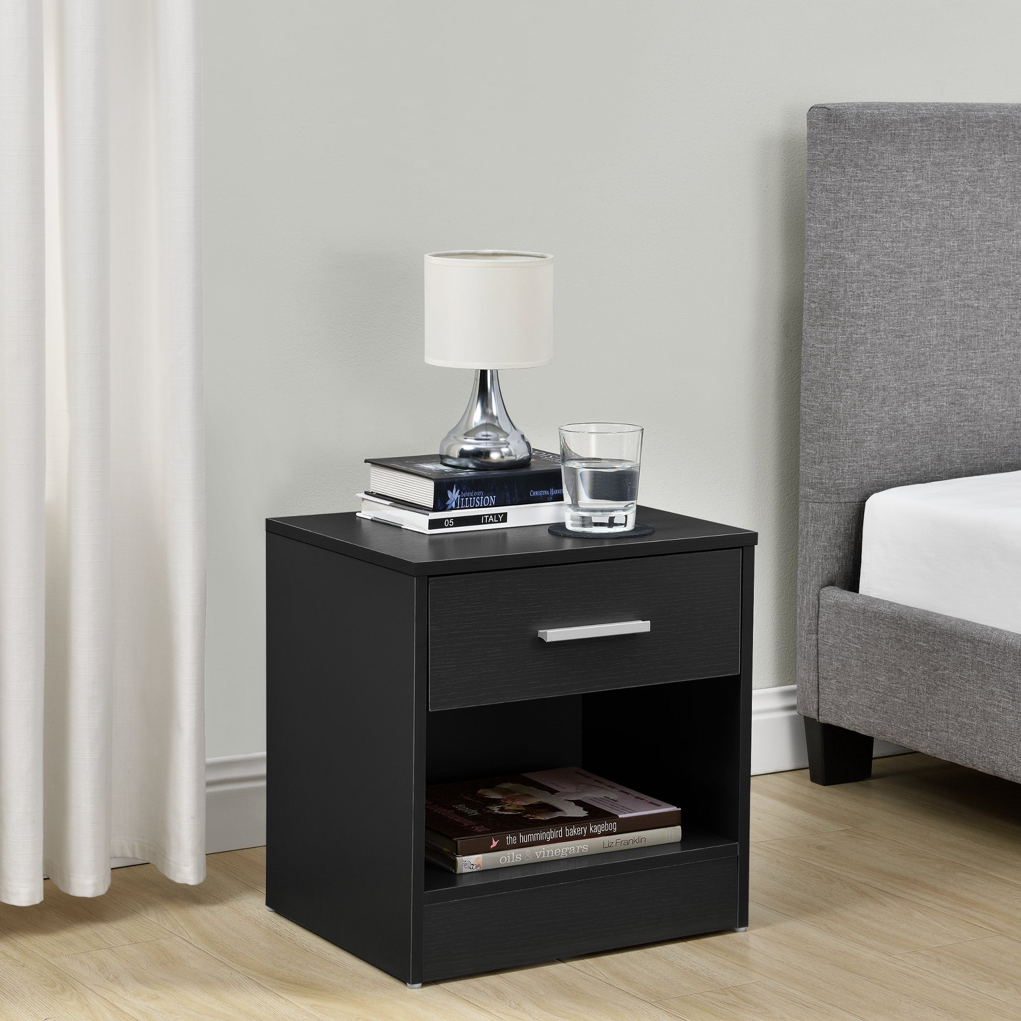 [en.casa] Comodino da letto elegante nero 1 x cassetto 1 x mensola