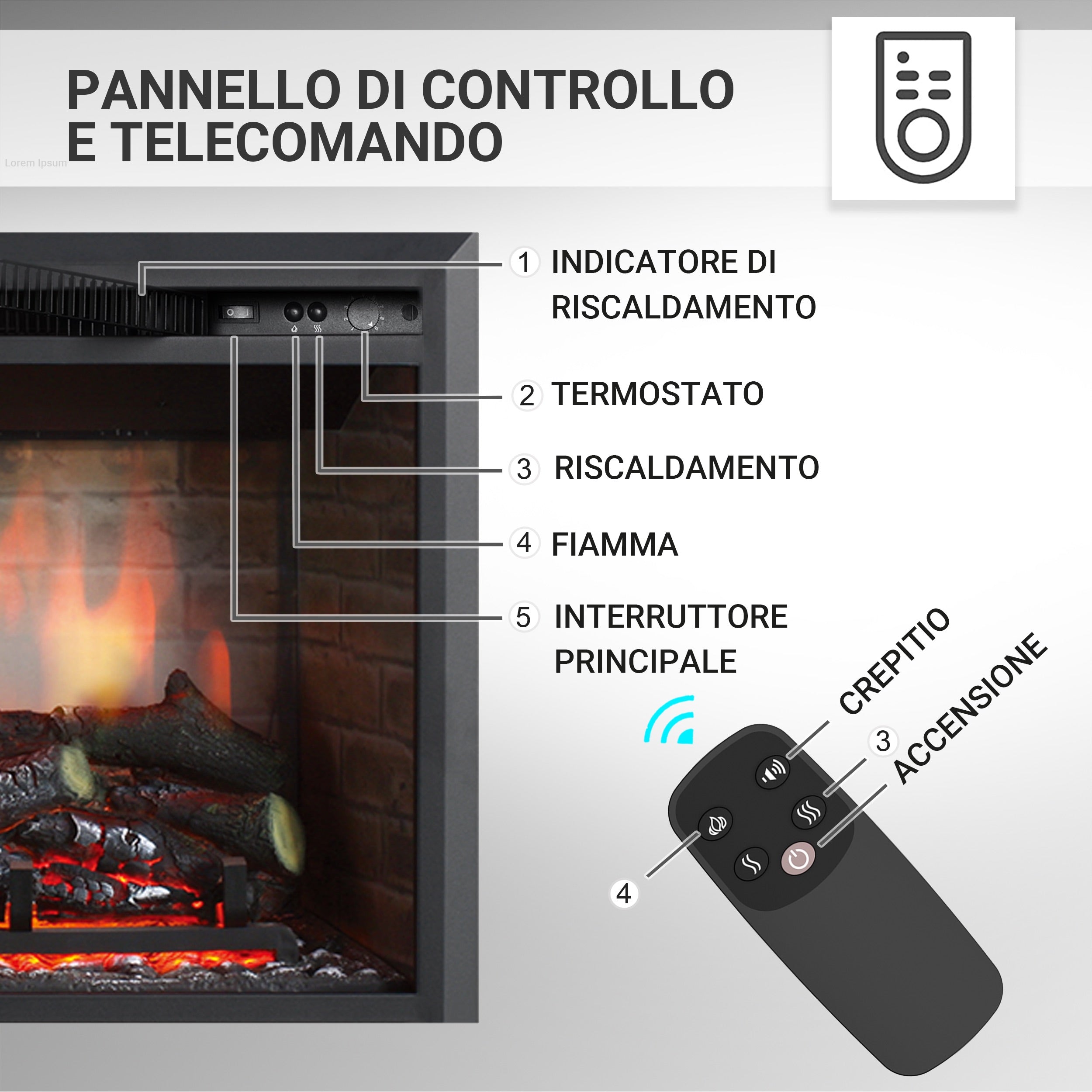 Camino elettrico a incasso Calida 30"| Fiamma 3D, riscaldamento 2000W, crepitio | Telecomando & Termostato | Nero