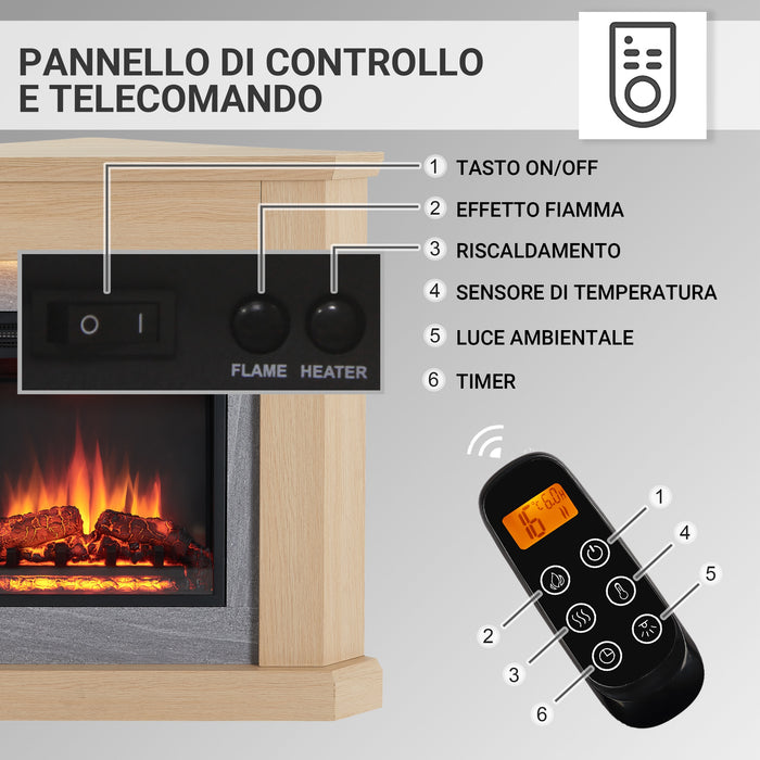 Camino elettrico ad angolo Pegasos | Fiamma 3D, riscaldamento 2000W, LED | Telecomando, timer, termostato |Rovere chiaro