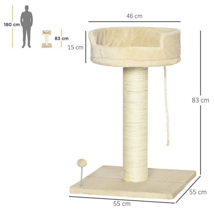 Albero Tiragraffi per Gatti 55x55x83 cm con Lettino e Pallina in Peluche e Sisal Beige