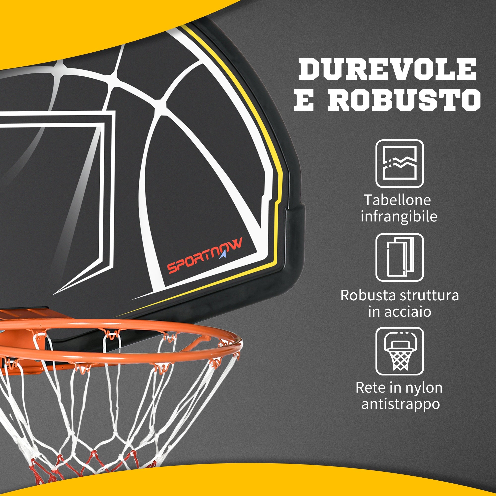 Canestro Basket per Bambini e Adulti 110x90x70 cm  in Acciaio e PE Nero e Giallo