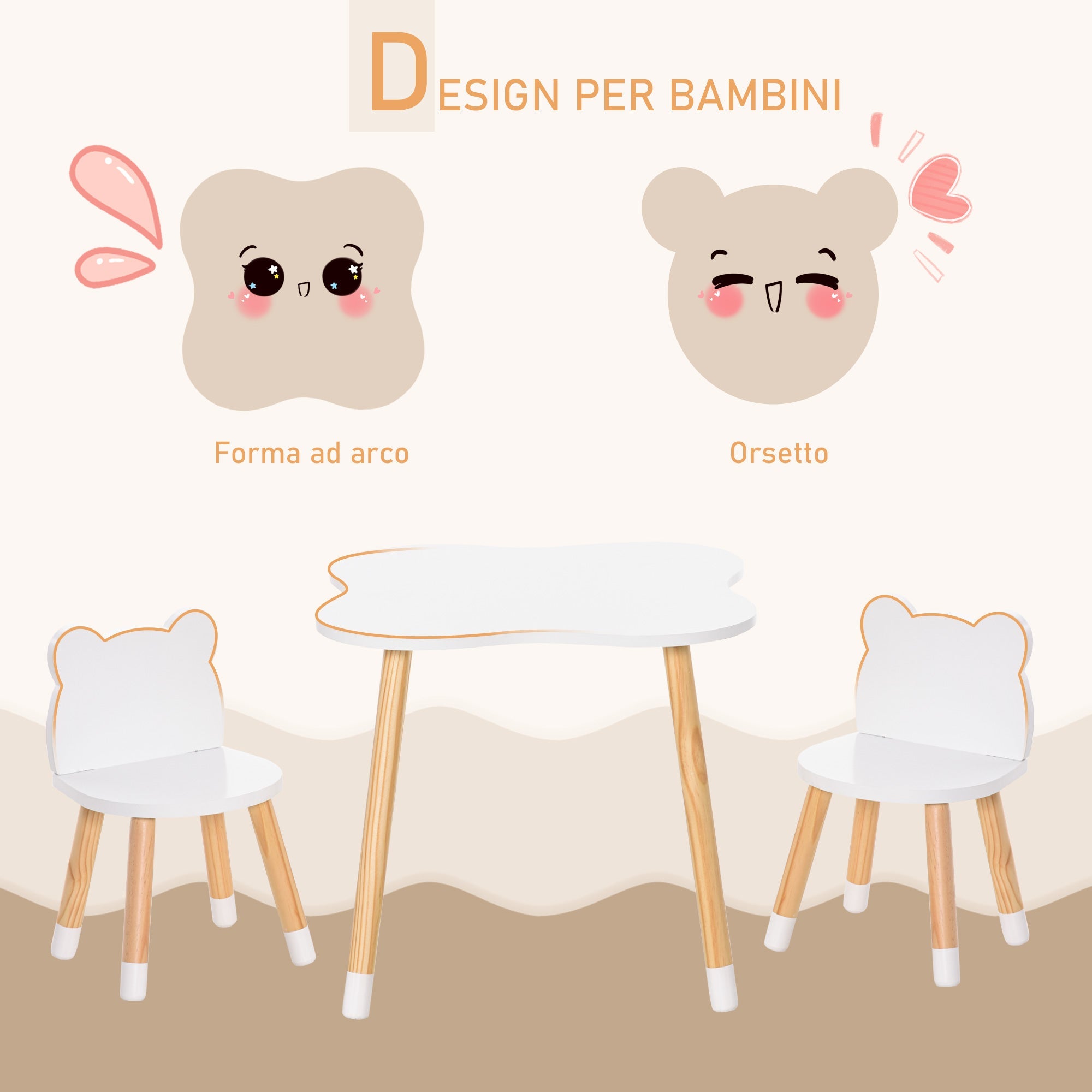 Set Tavolino con 2 Sedie per Bambini a Forma di Orsetto in Legno di Pino e MDF Bianco