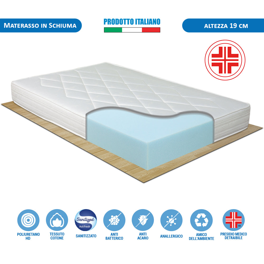 Materasso waterfoam alto 19cm modello Norvegia, per letto piazza e mezza 120x190, antiacaro e anallergico - Comprarredo