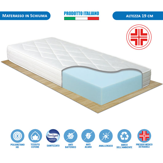 Materasso waterfoam alto 19cm modello Norvegia, per letto singolo 80x190, antiacaro e anallergico - Comprarredo