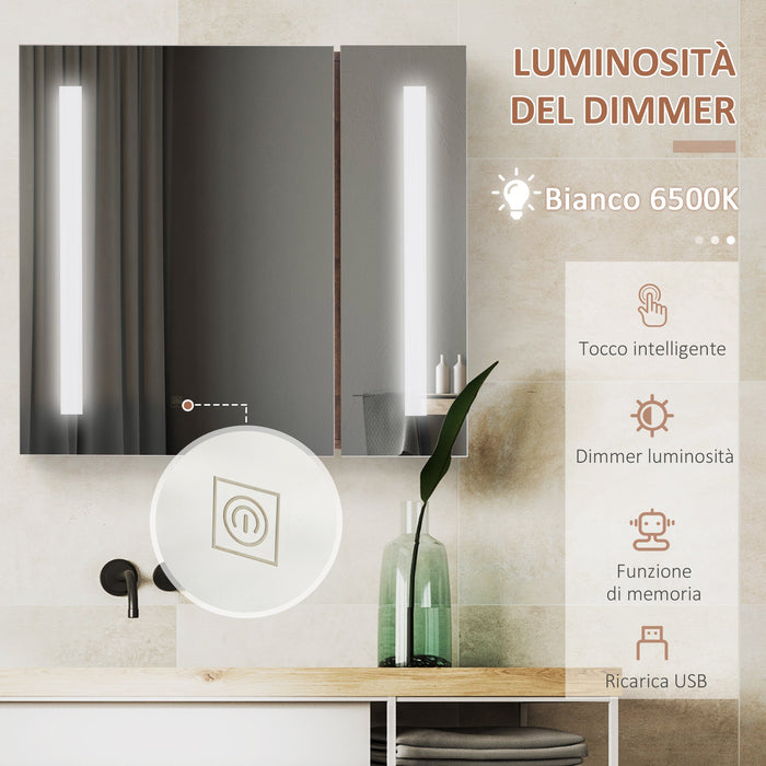 Specchiera Bagno con Luci LED Regolabili 70x15x65 cm 2 Ante e Mensola Regolabile Marrone