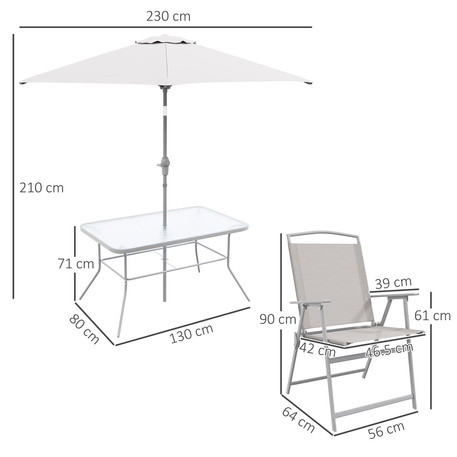 Set Tavolo con Top in Vetro 6 Sedie Pieghevoli e Ombrellone a Manovella da Giardino in Metallo e Rete Grigio