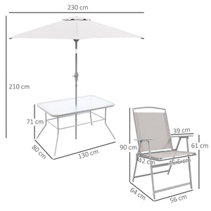 Set Tavolo con Top in Vetro 6 Sedie Pieghevoli e Ombrellone a Manovella da Giardino in Metallo e Rete Grigio