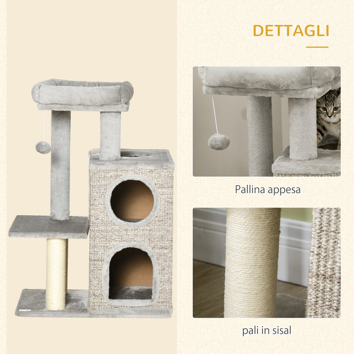 Albero Tiragraffi con Lettino e Pallina 60x40x91 cm in Peluche e Sisal Grigio Chiaro