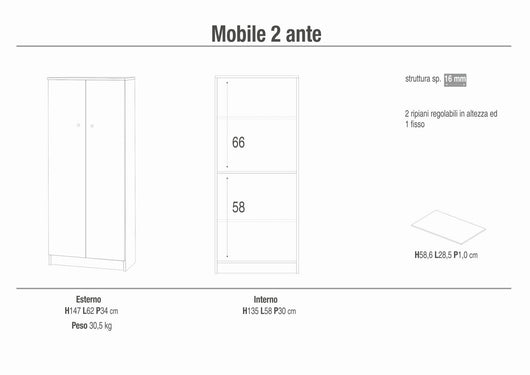 Armadio mobile 2 ante 62x34x147H cm con 3 ripiani in kit di montaggio colore Eucalipto