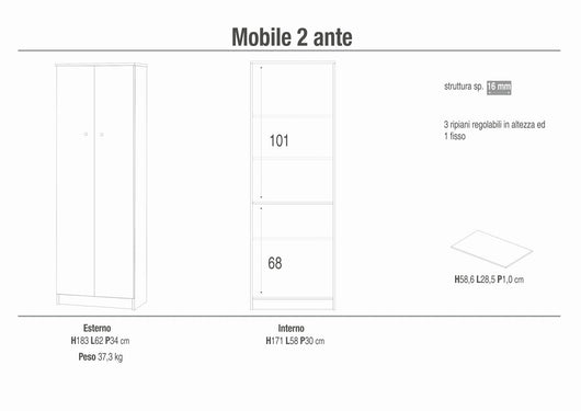 Armadio mobile 2 ante 62x34x183H cm con 3 ripiani in kit di montaggio colore Olmo chiaro