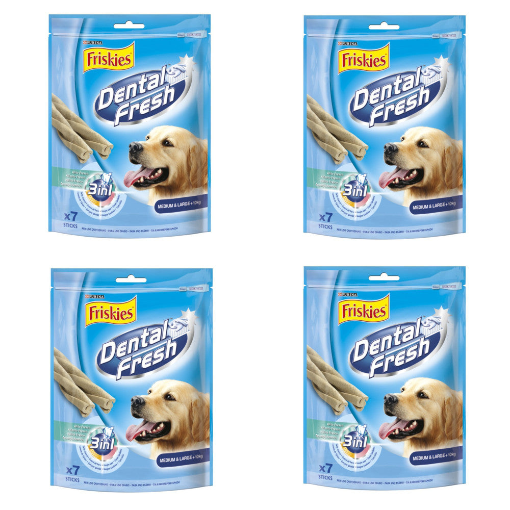 Multipack da 4 dental fresh friskies purina per cani di taglia medio grande confezione da 7 sticks ciascuna