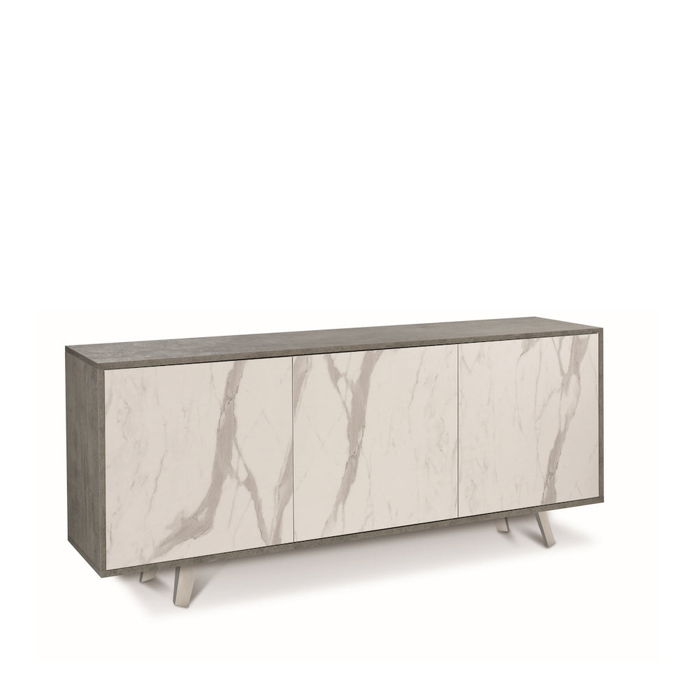 Madia Credenza mobile 3 ante con apertura push-pull 177x41x74H cm in kit di montaggio colore Cemento e Marmo Calacatta