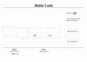 Madia Credenza mobile 3 ante con apertura push-pull 177x41x74H cm in kit di montaggio colore Ossido bianco e marmo Calacatta