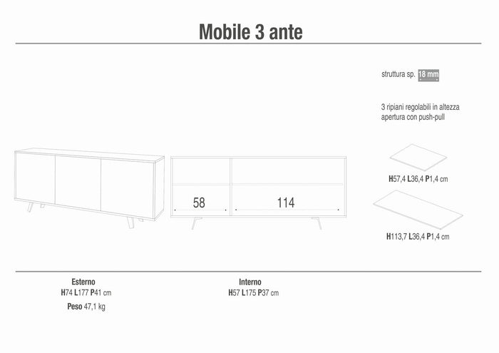 Madia Credenza mobile 3 ante con apertura push-pull 177x41x74H cm in kit di montaggio colore Cemento e Bianco lucido