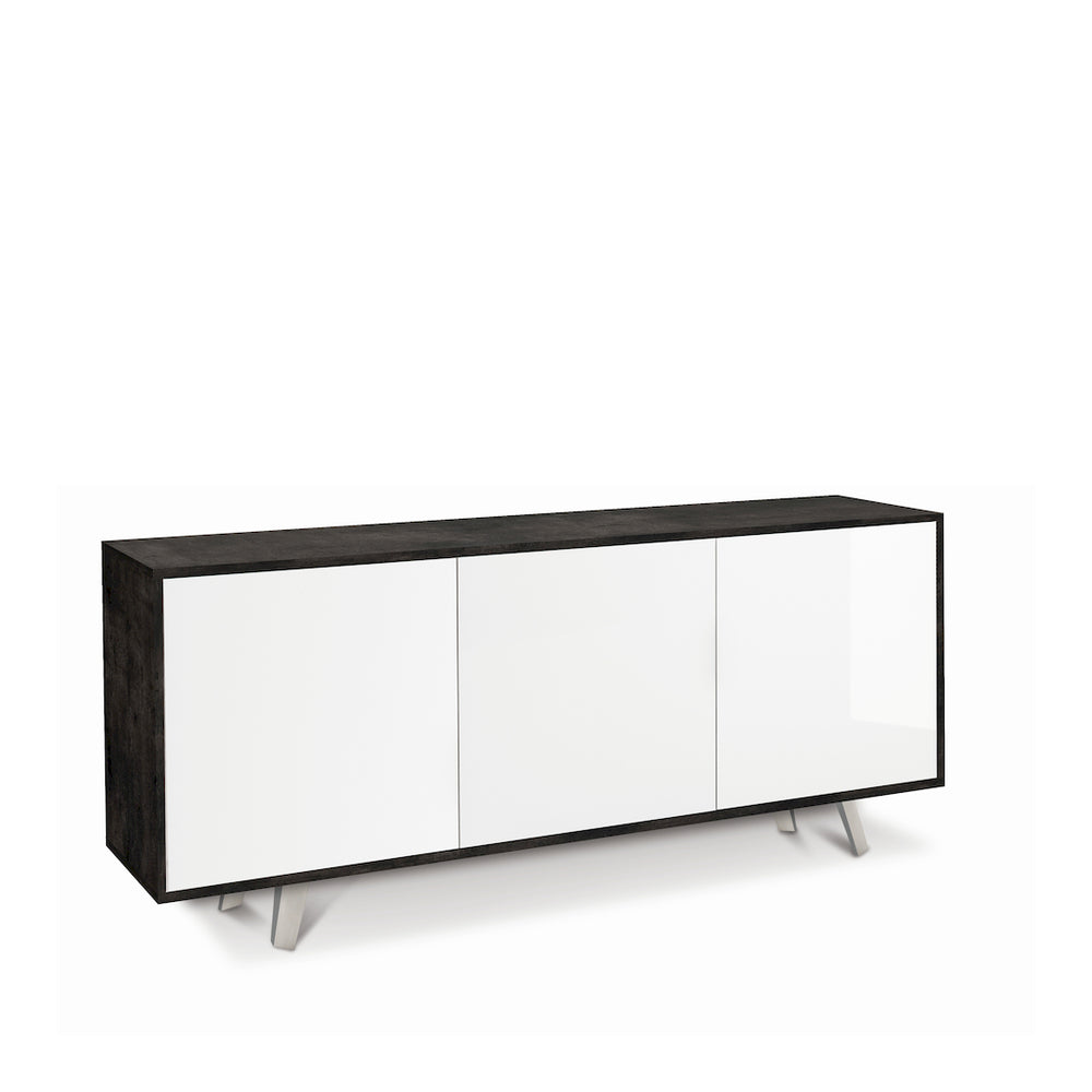 Madia Credenza mobile 3 ante con apertura push-pull 177x41x74H cm in kit di montaggio colore Ossido nero e Bianco lucido