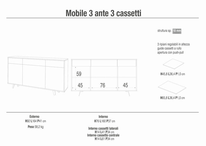 Madia Credenza mobile 3 ante e 3 cassetti con apertura push-pull 160x41x76H cm in kit colore Ossido bianco e Bianco lucido