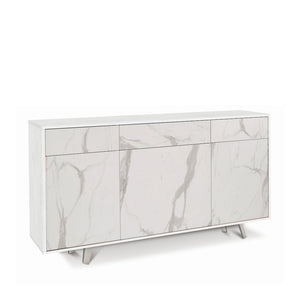 Madia Credenza mobile 3 ante e 3 cassetti con apertura push-pull 160x41x76H cm in kit colore Ossido bianco e Marmo Calacatta