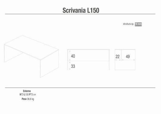 Scrivania 150x73x73H cm dal design moderno in kit di montaggio colore Bianco fiammato