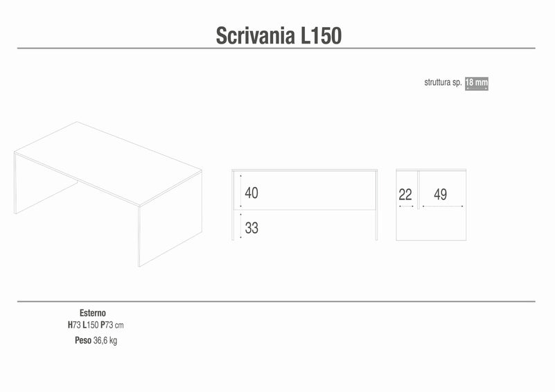 Scrivania 150x73x73H cm dal design moderno in kit di montaggio colore Olmo chiaro 