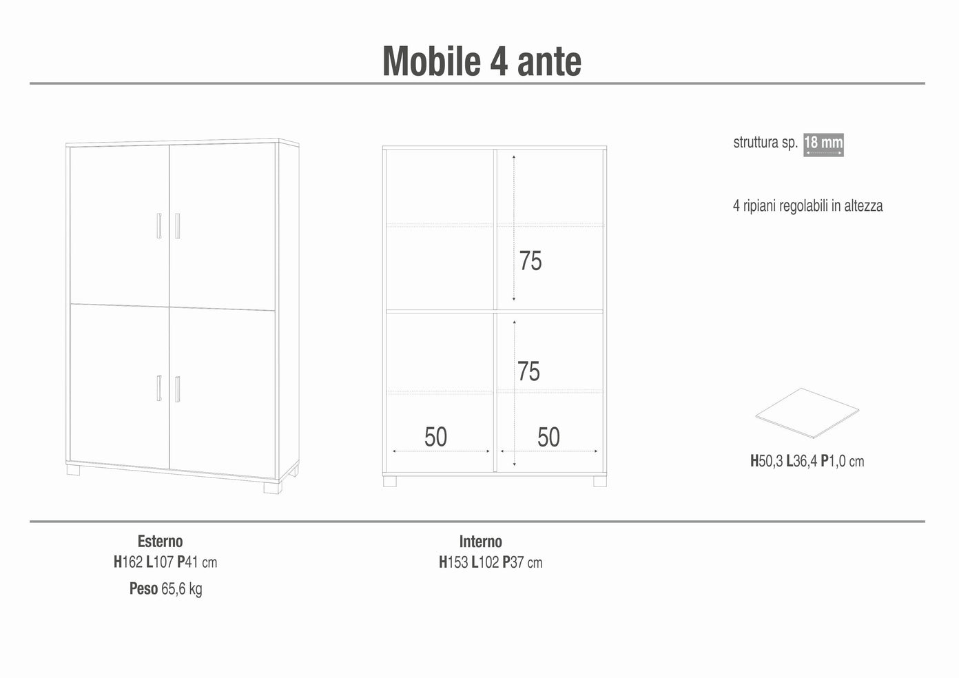 Armadio mobile 4 ante 107x41x162H cm in kit di montaggio colore Olmo chiaro