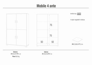 Armadio mobile 4 ante 107x41x162H cm in kit di montaggio colore Olmo chiaro