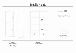 Armadio mobile 4 ante 107x41x162H cm in kit di montaggio colore Bianco fiammato e Bianco lucido