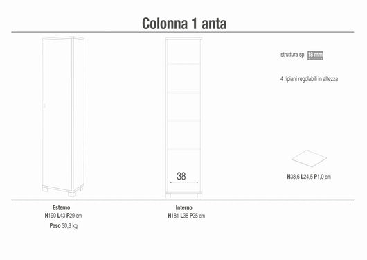 Mobile colonna protaoggetti 1 anta 43x29x190Hcm in kit di montaggio colore Olmo chiaro