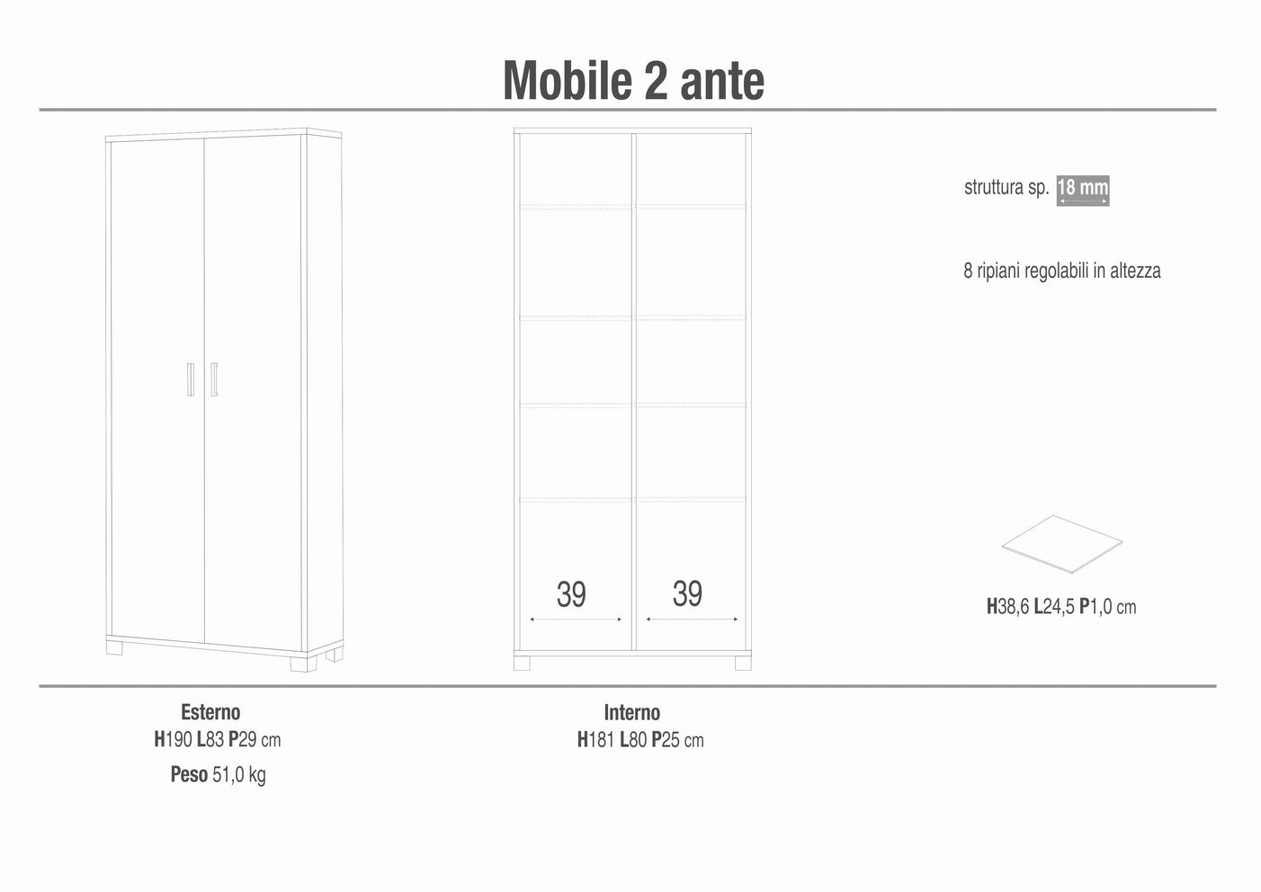 Armadio mobile 2 ante 83x29x190H cm in kit di montaggio colore Ossido nero e Noce Stelvio