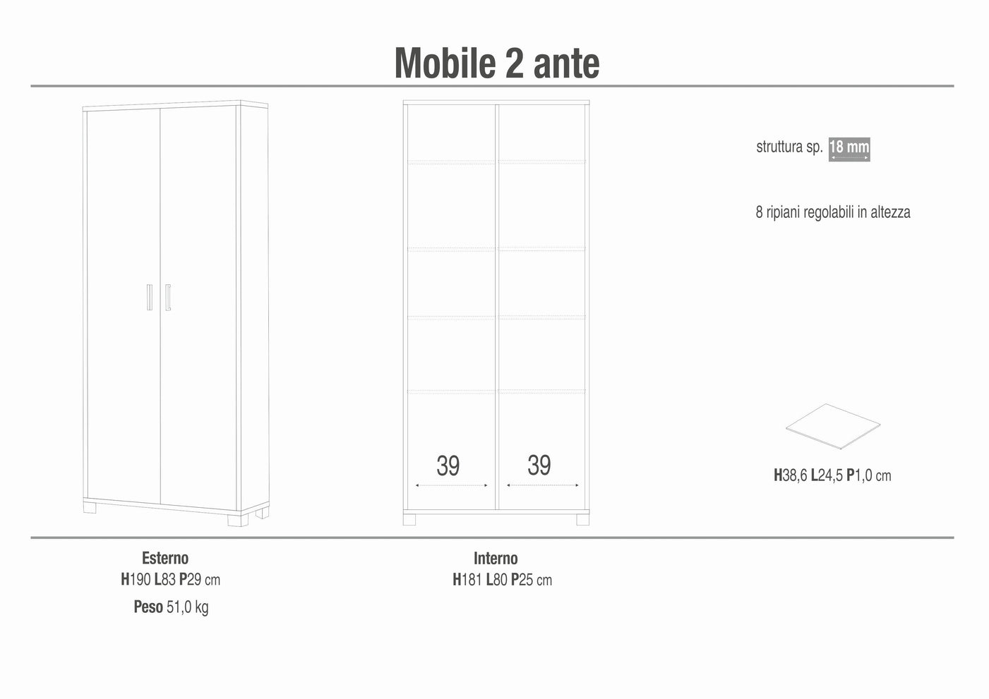 Armadio mobile 2 ante 83x29x190H cm in kit di montaggio colore Ossido nero e Cemento