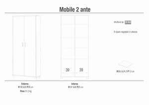 Armadio mobile 2 ante 83x29x190H cm in kit di montaggio colore Olmo chiaro e Bianco