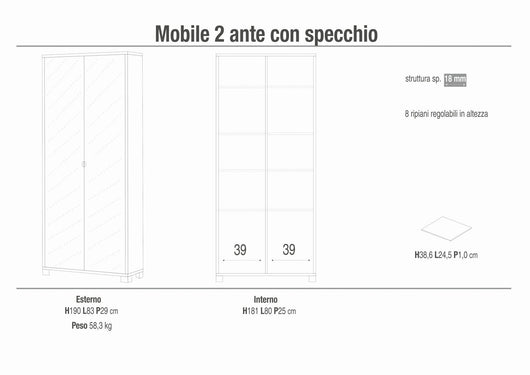 Armadio mobile 2 ante con specchio 83x29x190H cm in kit di montaggio colore Bianco