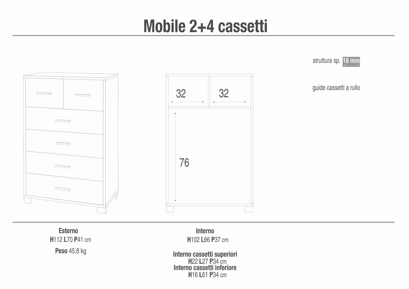 Cassettiera mobile con 4 cassetti grandi e 2 cassetti piccoli 70x41x112H cm in kit colore Noce Stelvio e Bianco fiammato