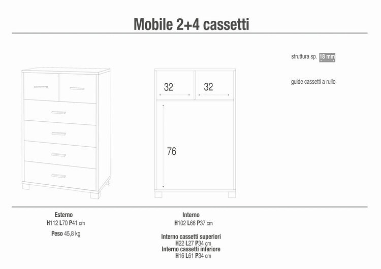 Cassettiera mobile con 4 cassetti grandi e 2 cassetti piccoli 70x41x112H cm in kit colore Noce Stelvio e Bianco fiammato