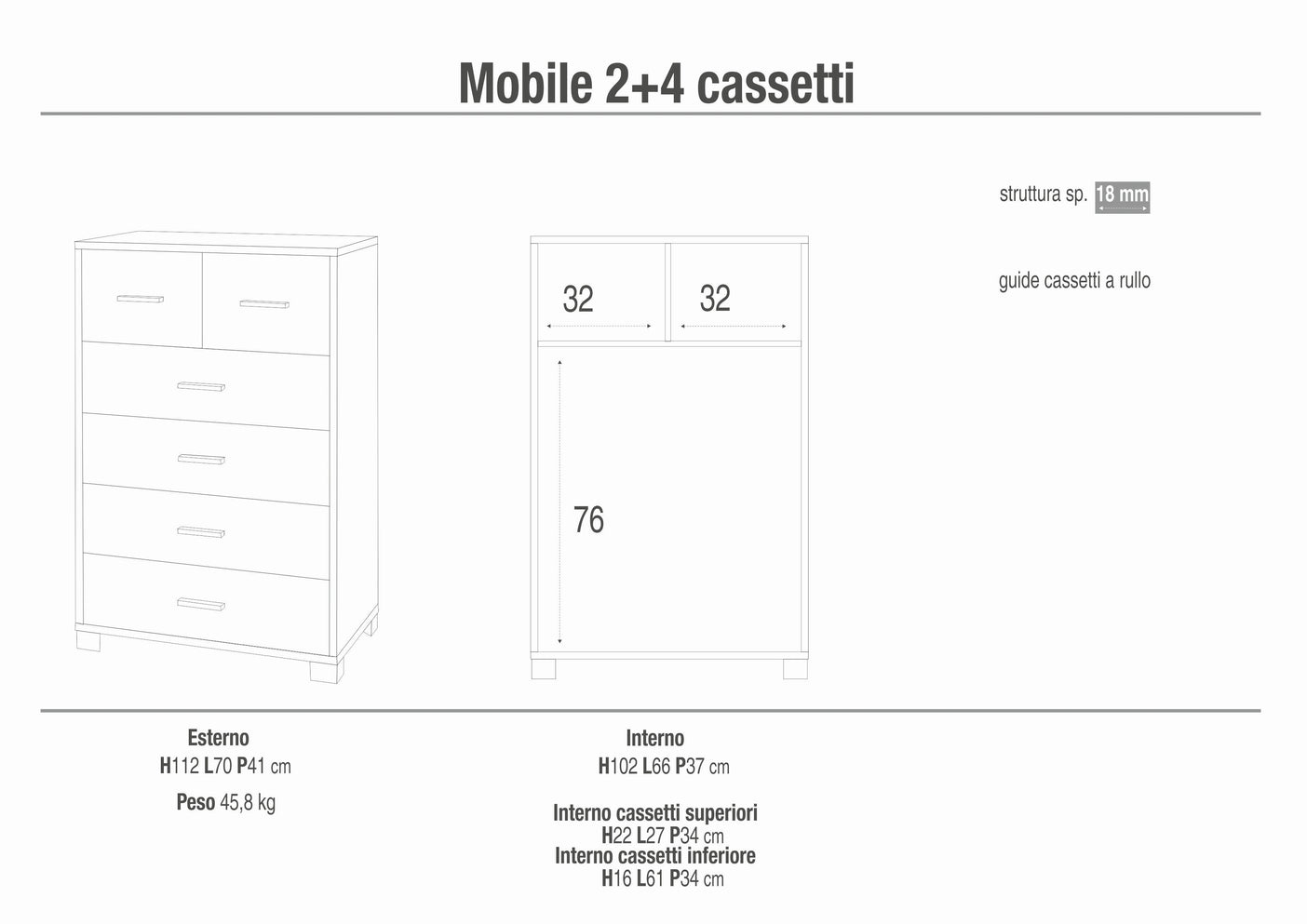 Cassettiera mobile con 4 cassetti grandi e 2 cassetti piccoli 70x41x112H cm in kit colore Noce Stelvio