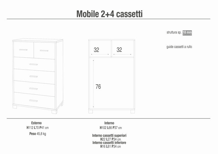 Cassettiera mobile con 4 cassetti grandi e 2 cassetti piccoli 70x41x112H cm in kit colore Noce Stelvio