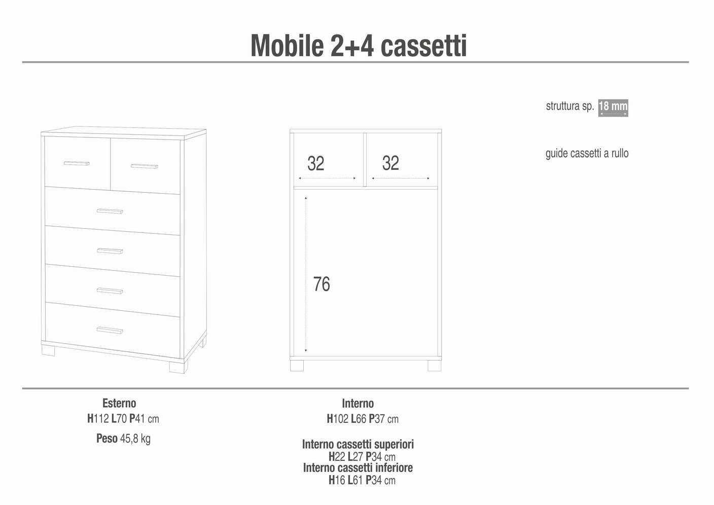 Cassettiera mobile con 4 cassetti grandi e 2 cassetti piccoli 70x41x112H cm in kit colore Ossido nero e Noce Stelvio