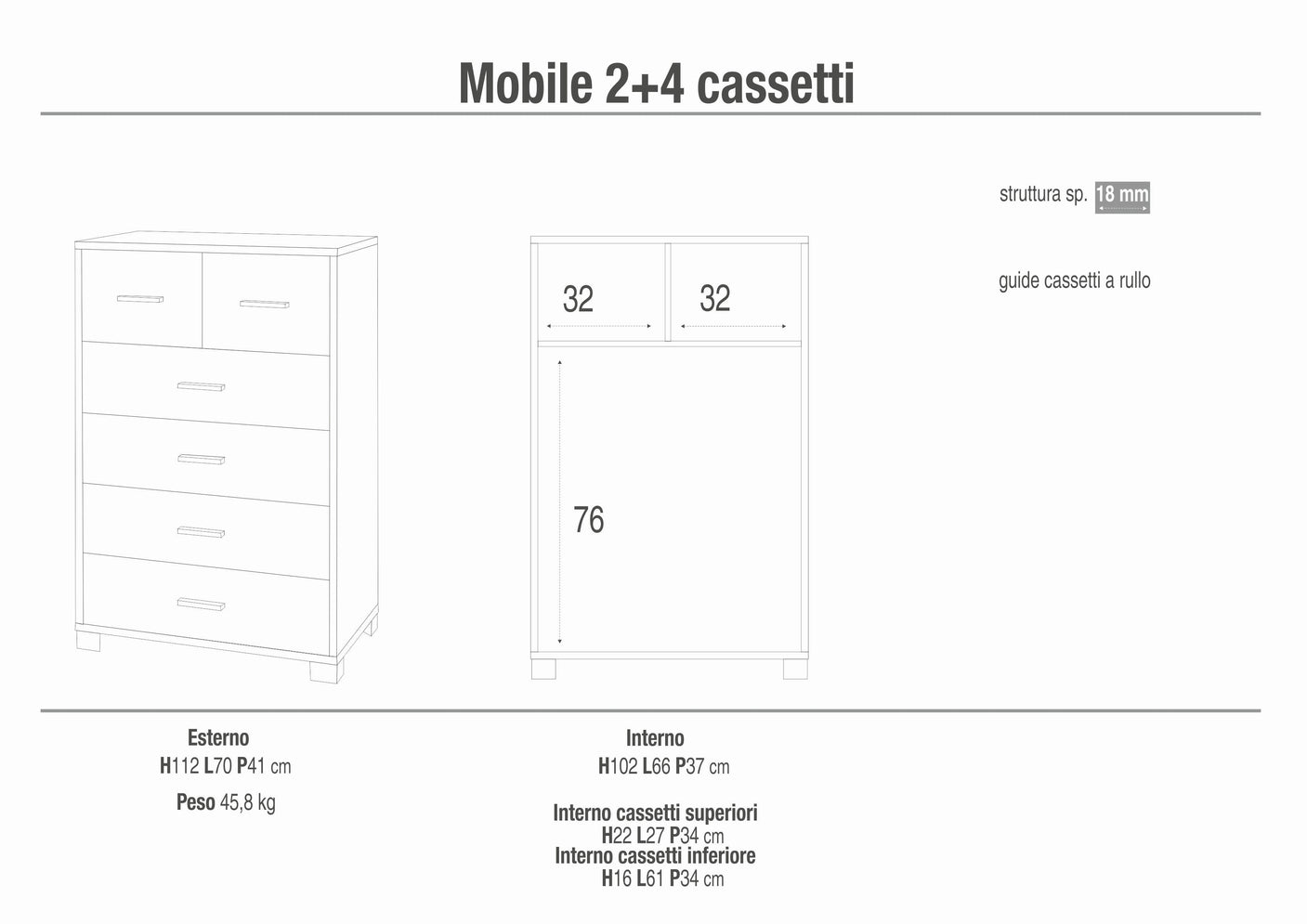 Cassettiera mobile con 4 cassetti grandi e 2 cassetti piccoli 70x41x112H cm in kit colore Ossido nero e Cemento